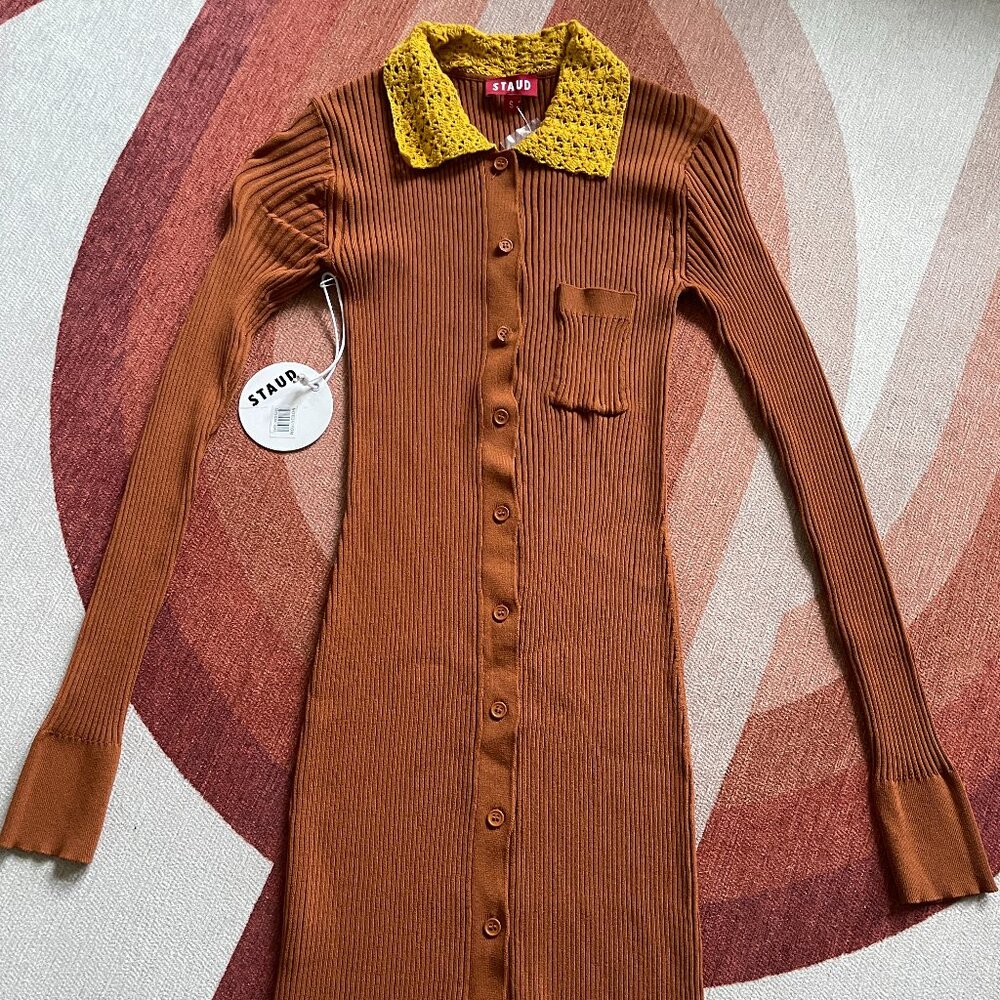 STAUD Ribbed Net Shirt Dress with Crochet Collar